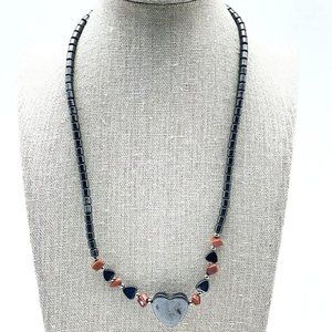 Hematite Beaded Necklace Heart Pendant Red Chip Accents Silver Tone Love Friend